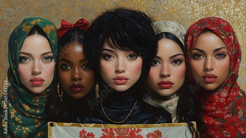 Portrait of five women, diverse beauty, patterned background