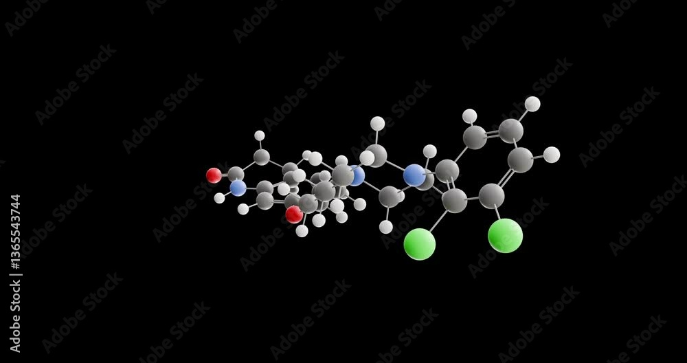 Aripiprazole molecule, rotating 3D model of antipsychotic, looped video on a black background Aripiprazole molecule, rotating 3D model of antipsychotic, looped video on a black background