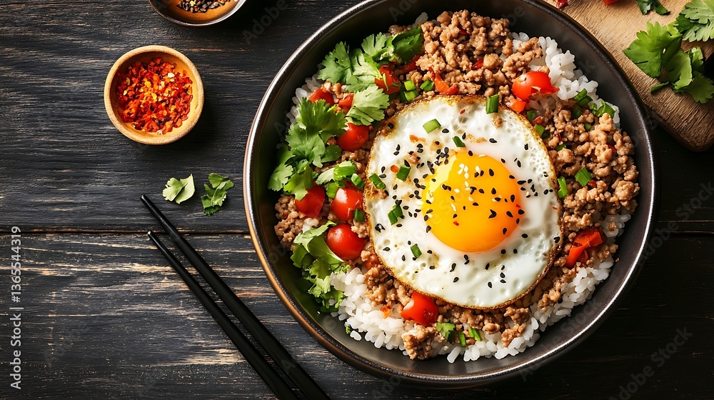 Delicious Asian Ground Meat Rice Bowl with Fried Egg Delicious Asian Ground Meat Rice Bowl with Fried Egg