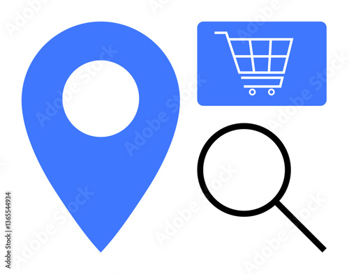 Blue location pin, black magnifying glass, and shopping cart icon highlight navigation, search, and e-commerce. Ideal for retail, UX design, online shopping, marketing geolocation delivery flat