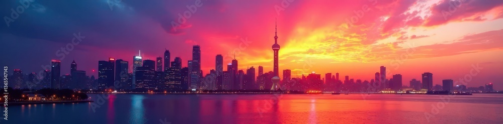 Fototapeta premium Sunset hues paint a vibrant modern city skyline , colors, sunset cityscape