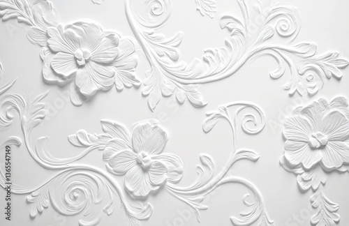 White floral embossed pattern with swirling leaves and flower designs on a textured background
