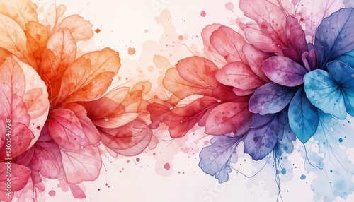 Translucent Watercolor Leaves and Flowers in Warm to Cool Palette