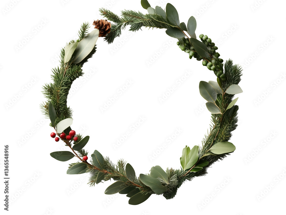 Fototapeta premium Minimalist Holiday Wreath with Greenery, Pine Cones, and Red Berries on White Background