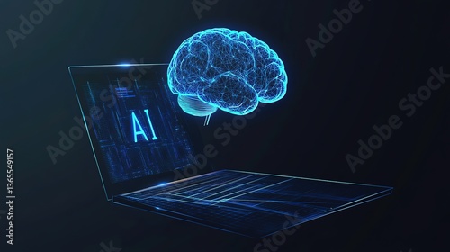 Futuristic AI Brain Hologram Above Laptop – A Vector Illustration of Machine Learning, Neural Networks, and Data Processing in Technology
