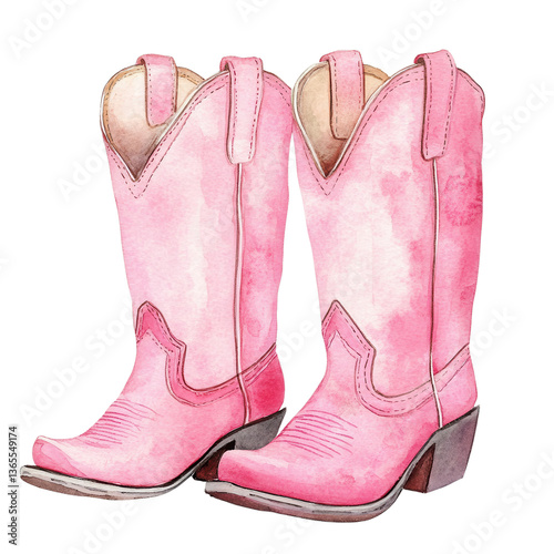 Pink watercolor cowboy boots on transparent background.