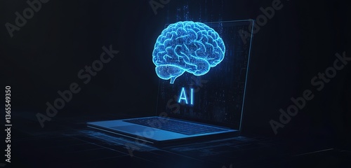 Futuristic AI Brain Hologram Above Laptop – A Vector Illustration of Machine Learning, Neural Networks, and Data Processing in Technology