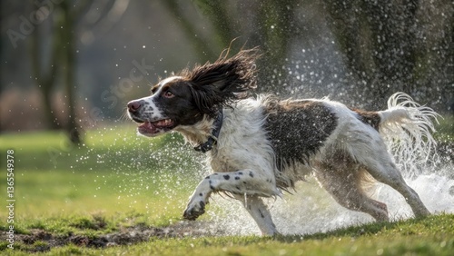 a playful dog joyfully running through the water, enjoying a moment of pure bliss