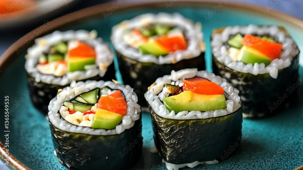 Colorful sushi rolls with fresh vegetables and seafood arranged on a teal plate in a casual dining setting Colorful sushi rolls with fresh vegetables and seafood arranged on a teal plate in a casual dining setting