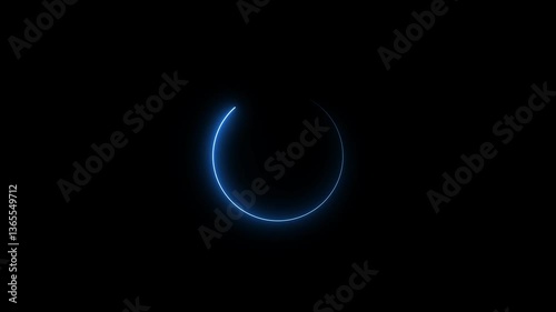 Neon line circle loading icon background. Blue neon light animated glowing circle shape, on black background.