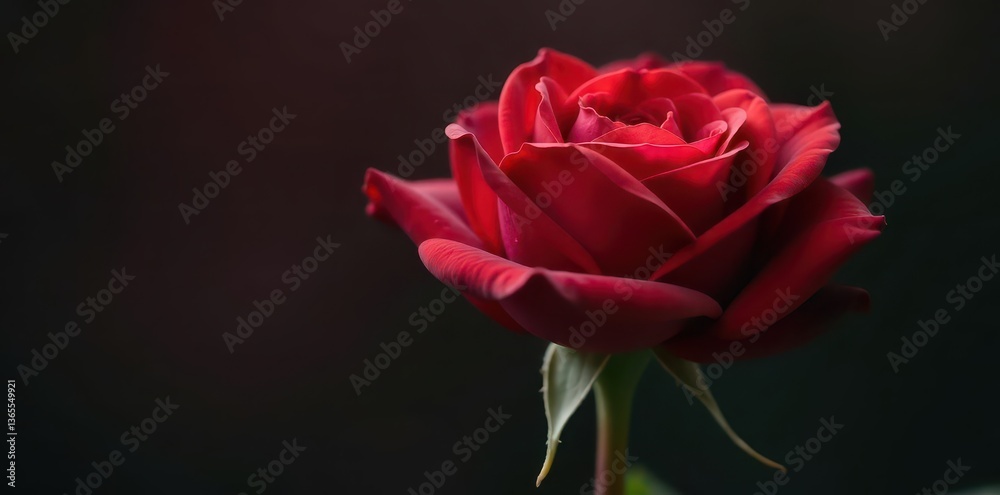 Fototapeta premium Deep red rose with velvety petals, delicate stem, single, romantic