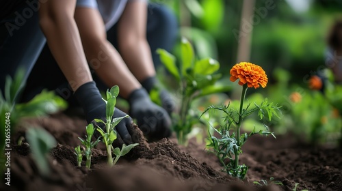 Close-up of young people collaboratively planting vibrant orange zinnia flowers in a sunlit garden, focusing on soil preparation, seed cultivation, and hands nurturing plants with gardening tools. Gar