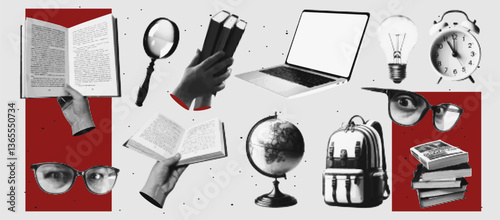 Trending halftone education vector set with books, laptop, globe, magnifying glass, glasses, backpack, clock, light bulb. Contemporary vector graphics.
