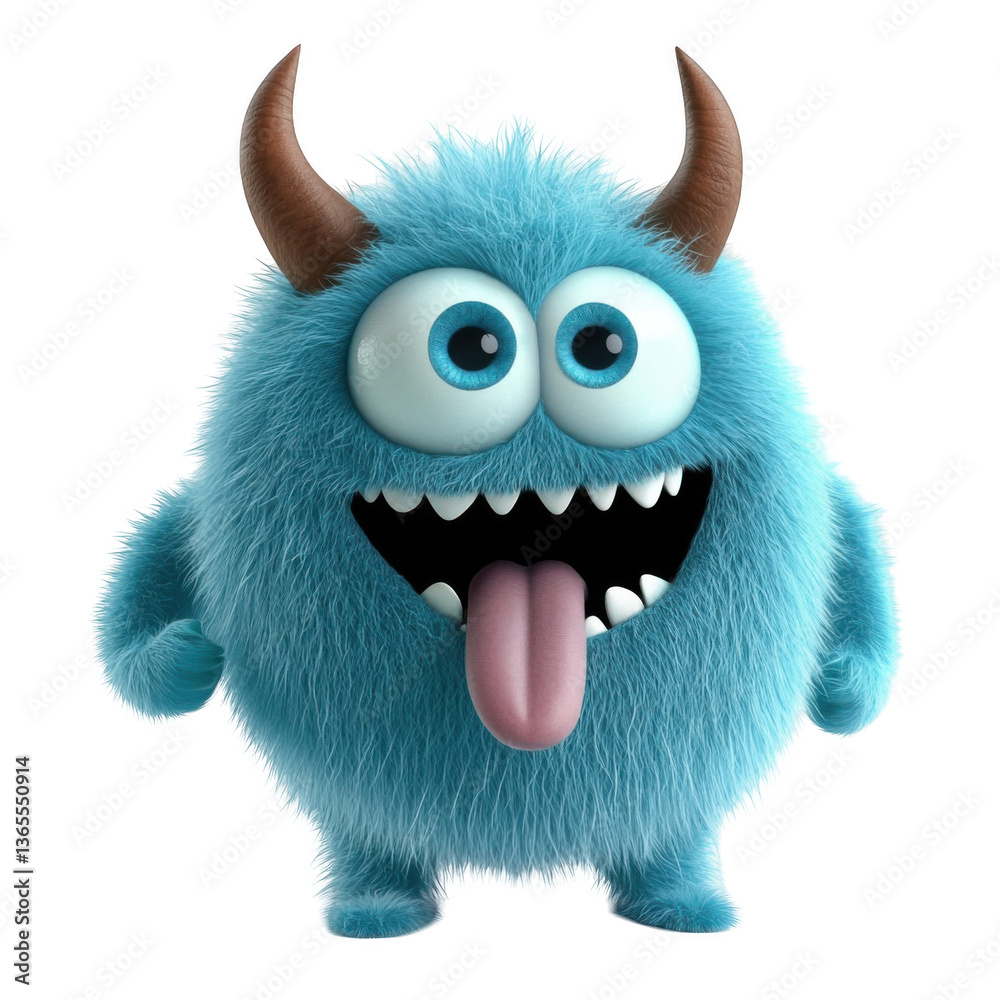Naklejka premium 3D cartoon, a happy, cute blue furry monster with horns and big eyes sticking out its tongue, on a white background, png