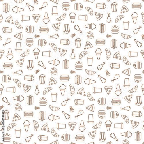 Seamless pattern on food theme with burgers, pizza and drinks in graphic vintage style on transparent isolated background for packaging design, greeting cards, web sites and for printing on textiles