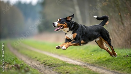 a happy dog running through a trail. The dog is a black, brown and white Swiss mountain dog. It has its tongue out and its tail wagging happily as it bounds through the dirt trail. 
