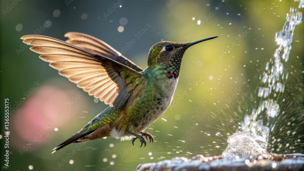Fototapeta premium A vibrant hummingbird in mid-flight near a fountain, capturing the beauty of nature's wonders. The bird displays its exquisite wings, as it gracefully interacts with water