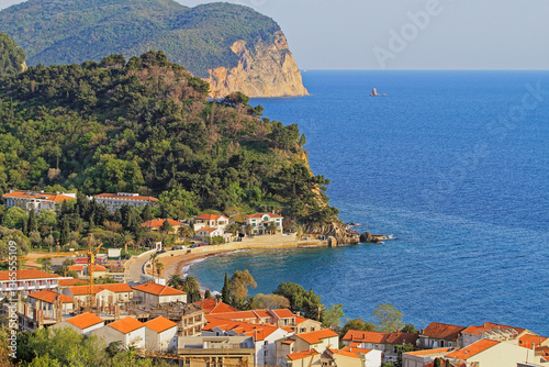 Obraz na płótnie Aerial View of Small Town Petrovac in Montenegro at Adriatic Sea Coast w salonie