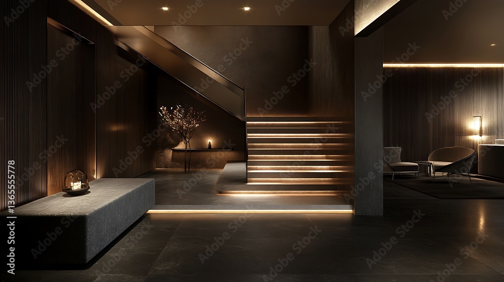 Fototapeta premium Luxurious Modern Interior Design: Elegant Staircase and Lounge Area
