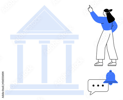 Woman gesturing towards a classical government building facade, surrounded by notification bell and speech bubble icons. Ideal for governance, legal matters, civic engagement, communication