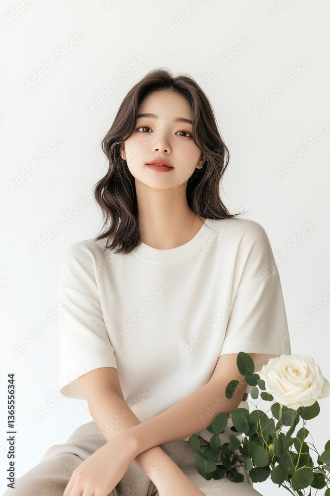 스튜디오에서 물결 모양의 머리카락과 하얀 꽃을 가진 아름다운 여성 스튜디오에서 물결 모양의 머리카락과 하얀 꽃을 가진 아름다운 여성