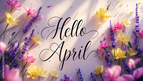 Hello April Text Surrounded by Vibrant Spring Flowers and Soft Lighting
