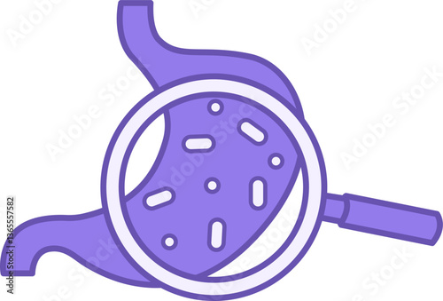 Colored Probiotics Icon. Vector Illustration. Stomach And Magnifying Glass. Lactic Acid Bacteria, Microflora. Healthy Lifestyle. Nutrition Concept