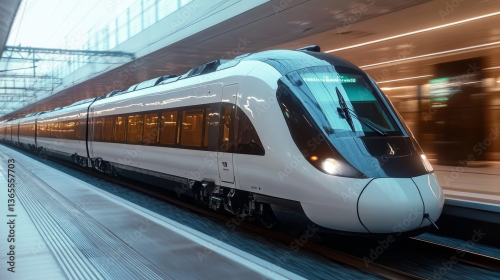 Fototapeta premium A high speed train arrives at a contemporary railway platform, demonstrating advancements in mobility and infrastructure, while passengers eagerly await their journey.