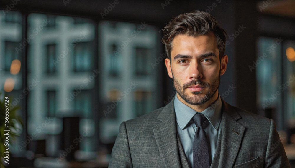 Fototapeta premium A portrait headshot photo of a friendly professional CEO executive business worker: A handsome man in a suit stares intently at the viewer with a serious expression, set against a blurred urban b