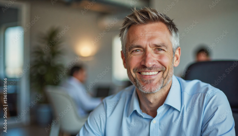 Naklejka premium A portrait headshot photo of a friendly professional CEO executive business worker: A smiling, mature man with graying hair sits confidently in a modern office setting, exuding a professional and
