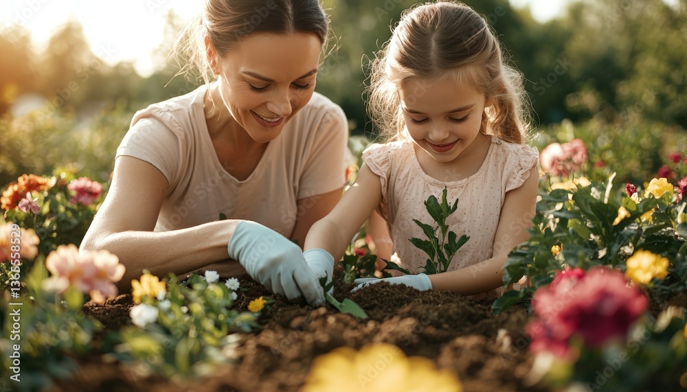 Mother and Daughter Planting Flowers Together in a Lush Garden During Golden Hour Mother and Daughter Planting Flowers Together in a Lush Garden During Golden Hour