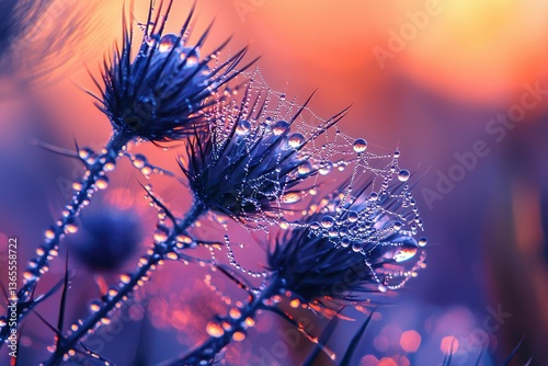 Close-up of dew-covered thistle plants with spiderwebs against a blurred, colorful background in the morning or evening light.