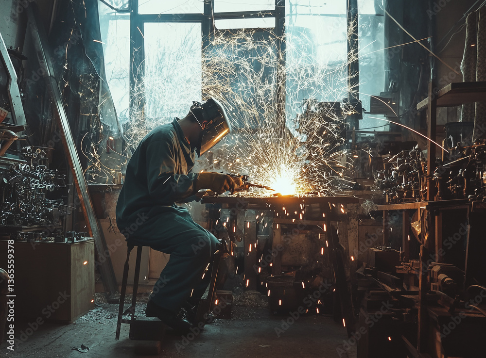 A worker in overalls and a mask uses welding equipment to work on metal parts at the factory, creating sparks of light. The workshop is equipped with various tools for assembly work. Stock photo
A worker in overalls and a mask uses welding equipment to work on metal parts at the factory, creating sparks of light. The workshop is equipped with various tools for assembly work. Stock photo