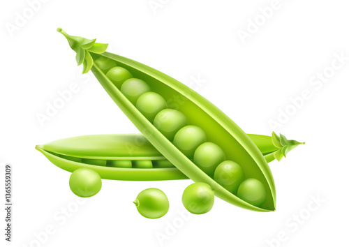 Green peas in the pods. Natural organic vegetables. Fresh grown food for healthy eating. Isolated on white background. Realistic. Vector illustration