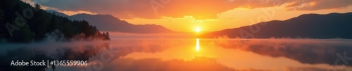 Golden sunrise paints lake with vibrant hues, mist rising , travel, outdoor, scenic