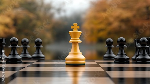 A lone yellow chess piece emerges from a line of black pawns, surrounded by gentle mist and a tranquil outdoor atmosphere.