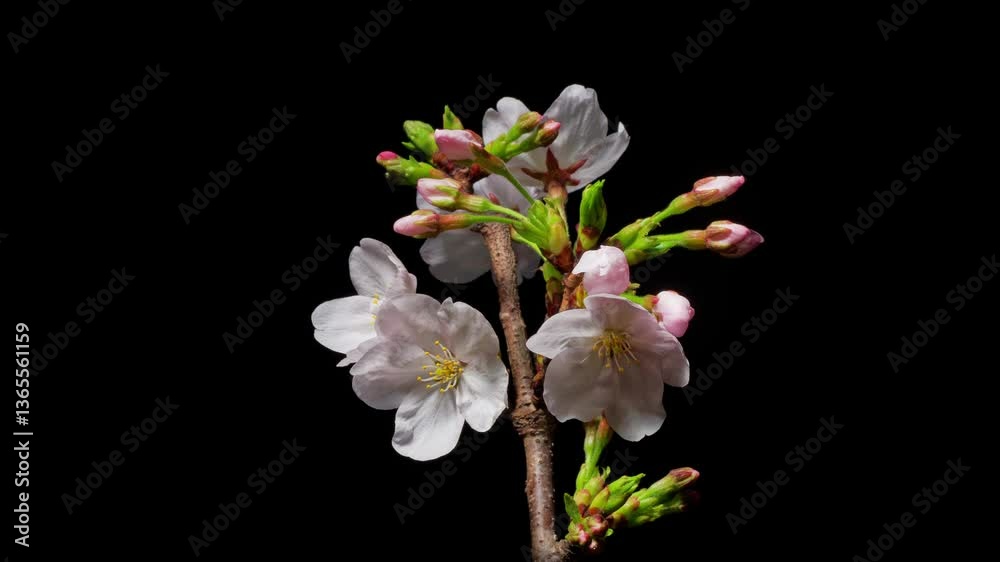 Time lapse footage of blooming pink Prunus yedoensis blossoms isolated on black background, many flowers blooming from bud to full blossom together, 4k video b roll shot.