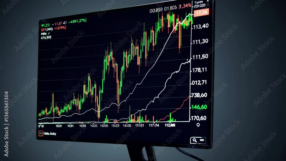 Bitcoin trading surging with rising cryptocurrency prices, displaying dynamic candlestick charts and financial market data across multiple computer screens
