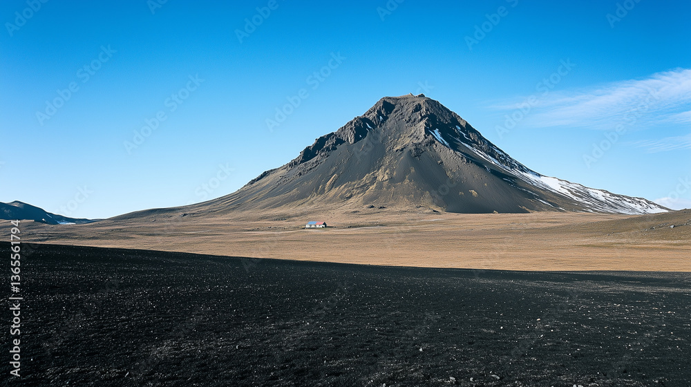 Fototapeta premium Lonely mountain with some snow at its base and a small house on top under a clear blue sky.