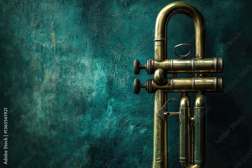Fototapeta premium Close-up of a brass trumpet with a textured teal background, highlighting the instrument's intricate details.