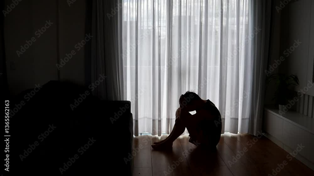 silhueta de homem em depressão triste isolado em casa 