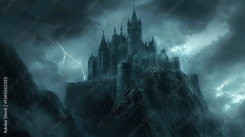 Naklejka premium Dark Castle on a Mountaintop with Lightning Storm