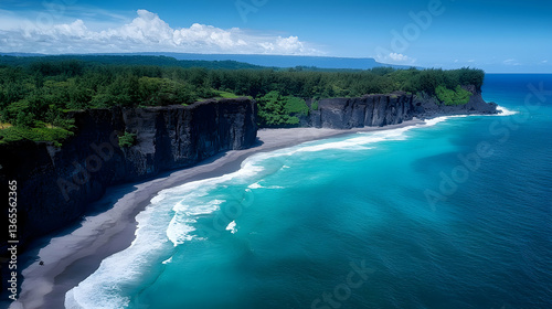 Scenic Coastal View with Waves Crashing Against Black Sand Beach