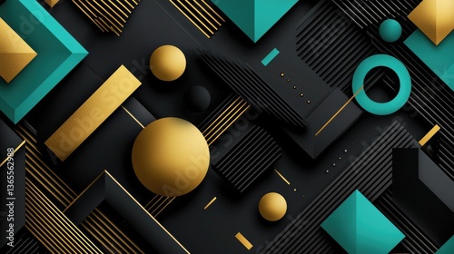 Abstract geometric shapes in gold, teal, and black create a modern design.