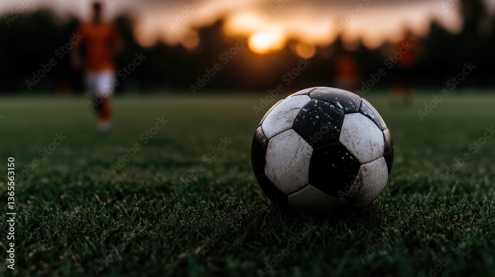 Obraz premium Soccer ball on a field at sunset