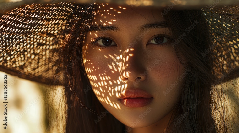 A woman in a large hat with intricate patterns casting shadows on her face.