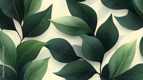 Seamless Pattern with Lush Green Leaves on a Cream Background