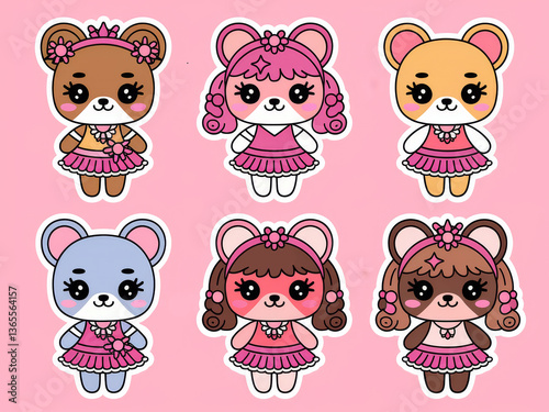 Cute bear and girl characters in kawaii style with pink outfits on pastel background
