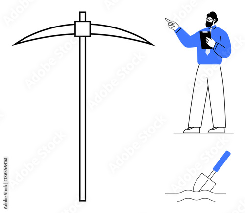 Pickaxe, shovel inserted in ground, man pointing while holding tablet. Ideal for mining, geology, resource extraction, exploration, industrial work, technology integration flat simple metaphor