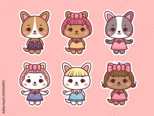 Cute drawn animals in adorable outfits on pink background